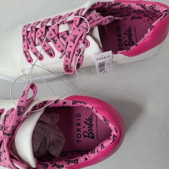 10W Barie Logo Pink White Lace Up Sneaker Lined Barbie Extra Wide Width Torrid - Picture 3 of 11